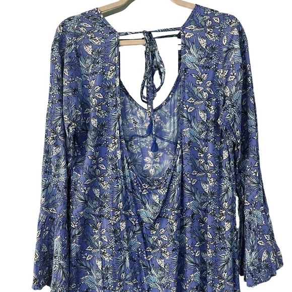 Miss Komo’do Blue Tropical Print Maxi Dress Ruffled Hem Flare Sleeves Sz L/XL - Picture 4 of 12